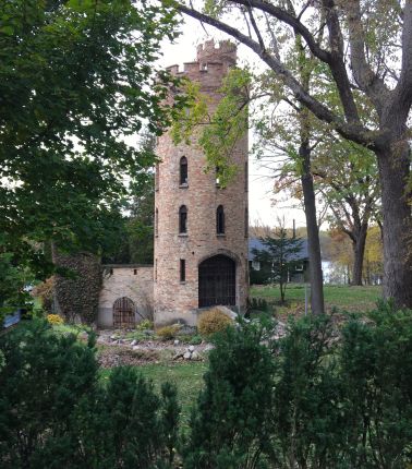 Pratt's Castle seen from bike trail north of Elgin